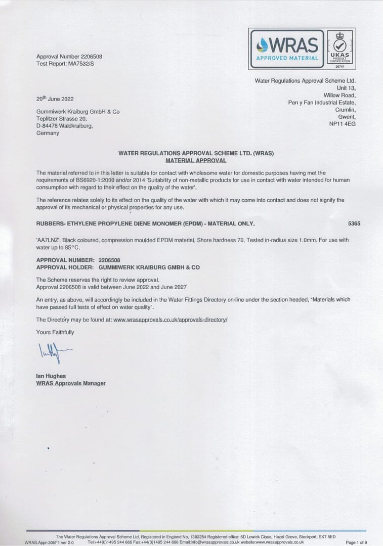 WRAS certified EPDM gasket for safe and compliant water systems by Devinsan