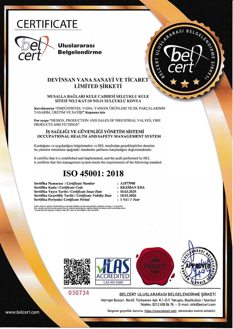 ISO 45001 – International certificate validating Devinsan’s compliance with occupational health and safety standards