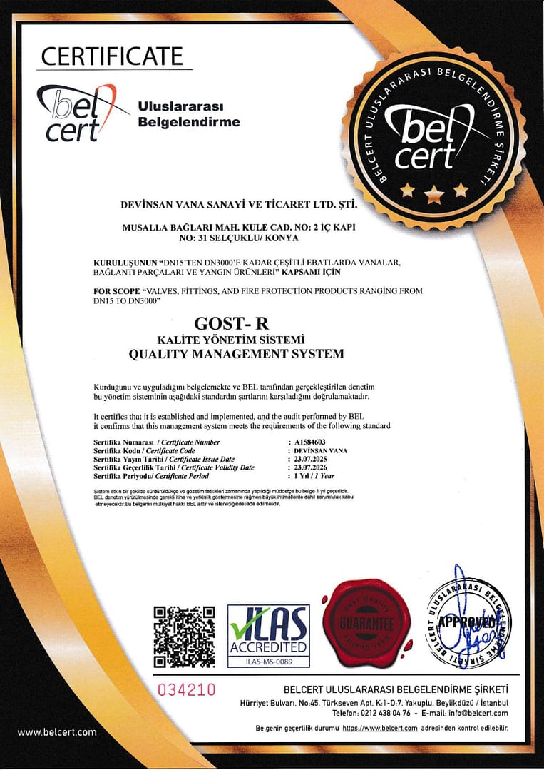 GOST-R certified industrial valve by Devinsan – Compliance with Russian quality and safety standards for technical products