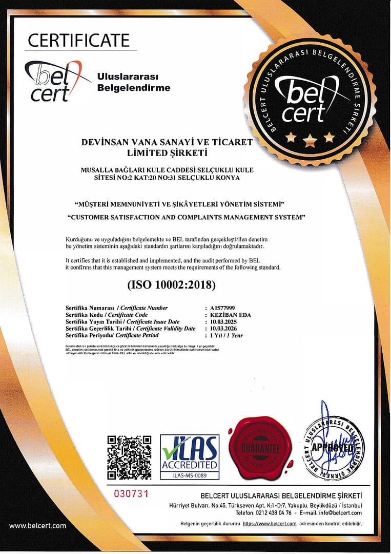 ISO 10002 – International certification proving Devinsan’s customer-focused approach and structured complaint resolution system