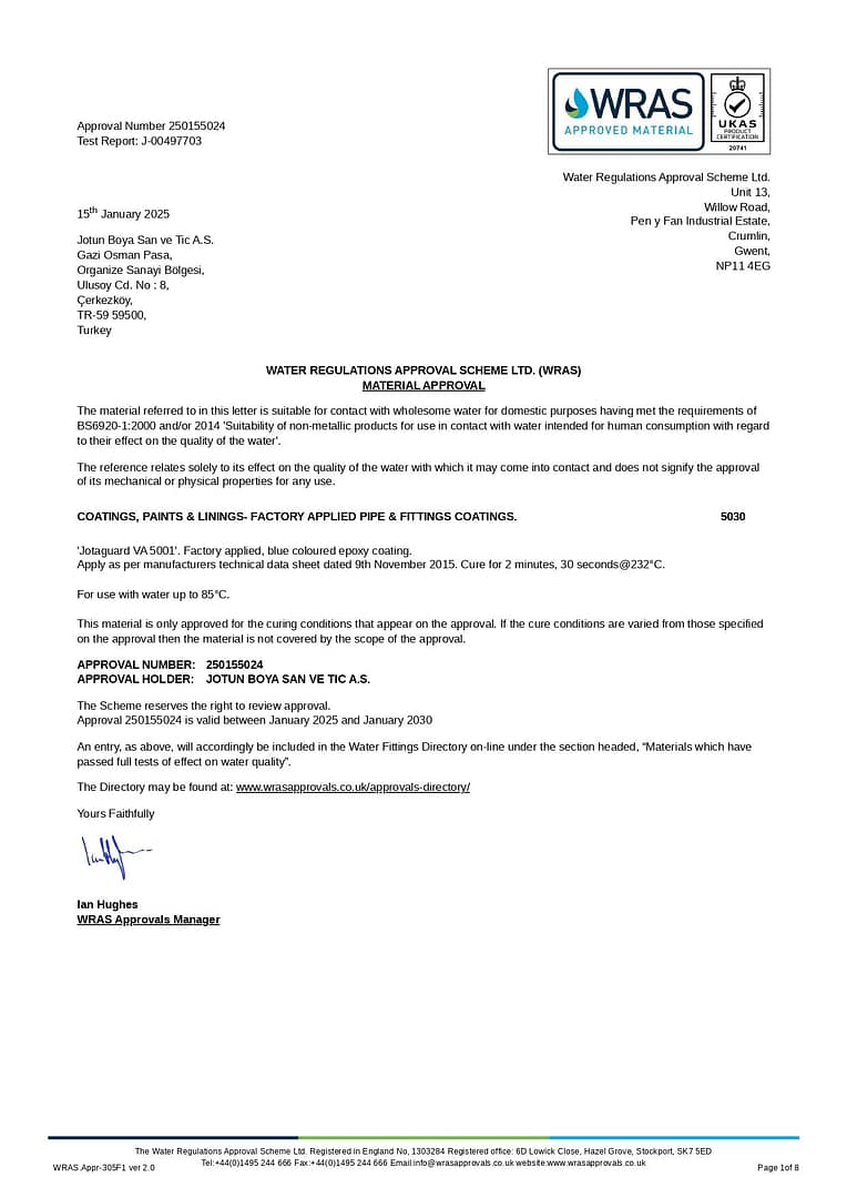 WRAS certified paint for safe and compliant water system coatings by Devinsan